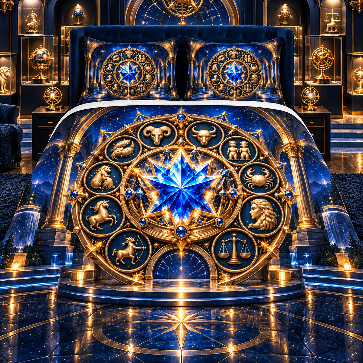 Zodiac Collector Crown Quilted Bedding Set with printed optical 3D artwork in its use setting