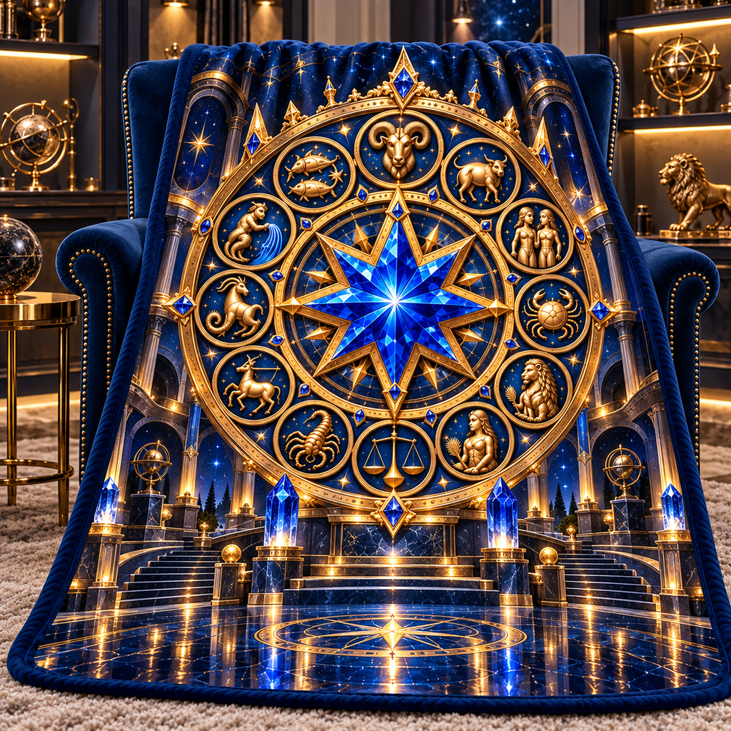Zodiac Collector Crown Sherpa & Fleece Blanket with printed optical 3D artwork in its use setting
