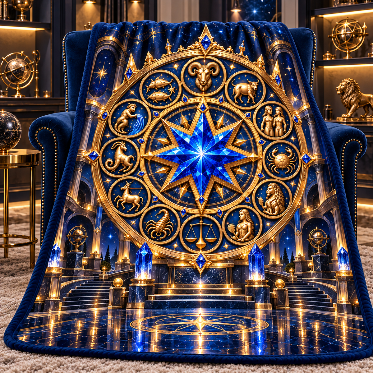 Zodiac Collector Crown Sherpa & Fleece Blanket with printed optical 3D artwork in its use setting