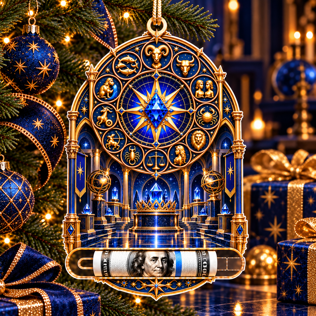 Zodiac Collector Crown Acrylic Cash Holder Ornament with printed optical 3D artwork in its use setting