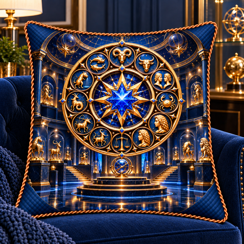 Zodiac Collector Crown Quilted Cushion Cover with printed optical 3D artwork in its use setting