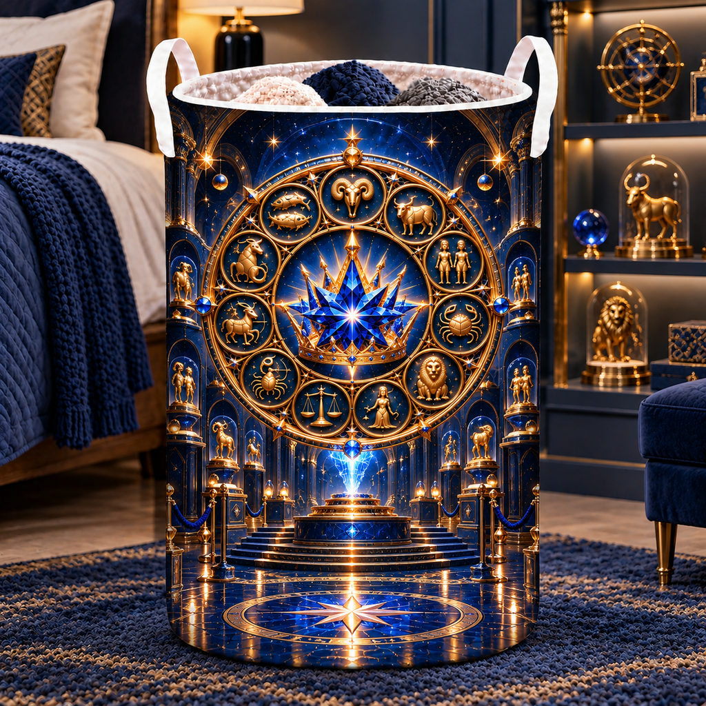 Zodiac Collector Crown Laundry Hamper with printed optical 3D artwork in its use setting