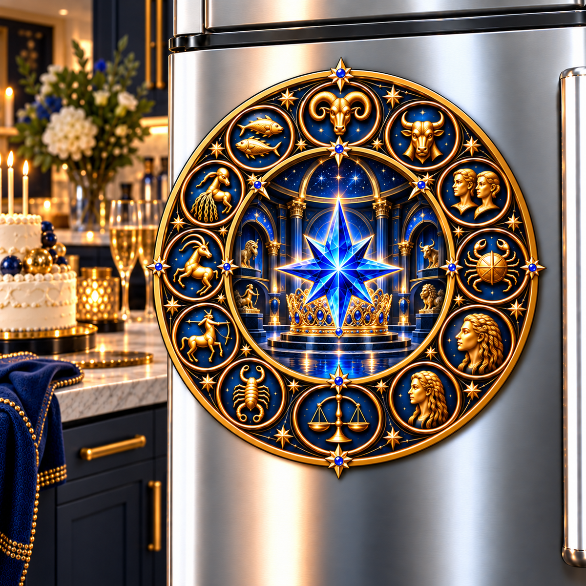 Zodiac Collector Crown Acrylic Refrigerator Magnet with printed optical 3D artwork in its use setting