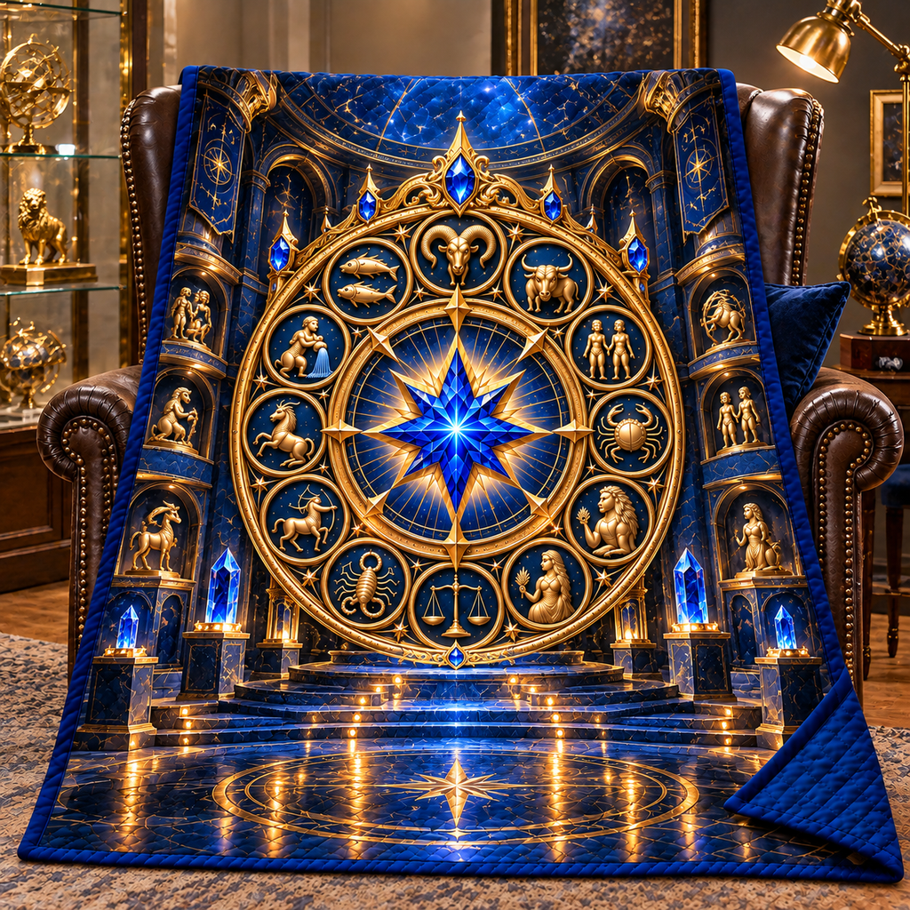 Zodiac Collector Crown Quilt Blanket with printed optical 3D artwork in its use setting