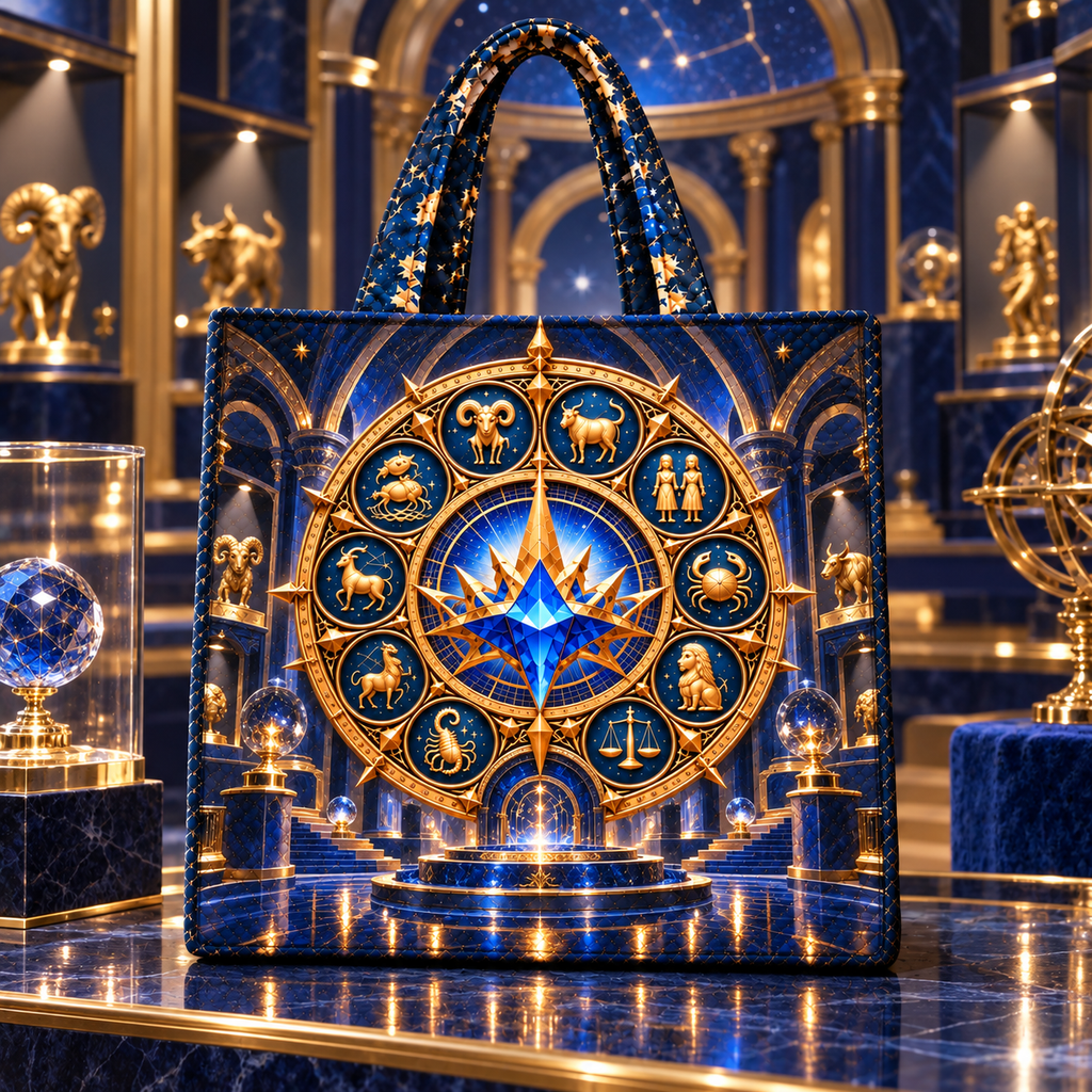 Zodiac Collector Crown Quilted Tote Bag with printed optical 3D artwork in its use setting