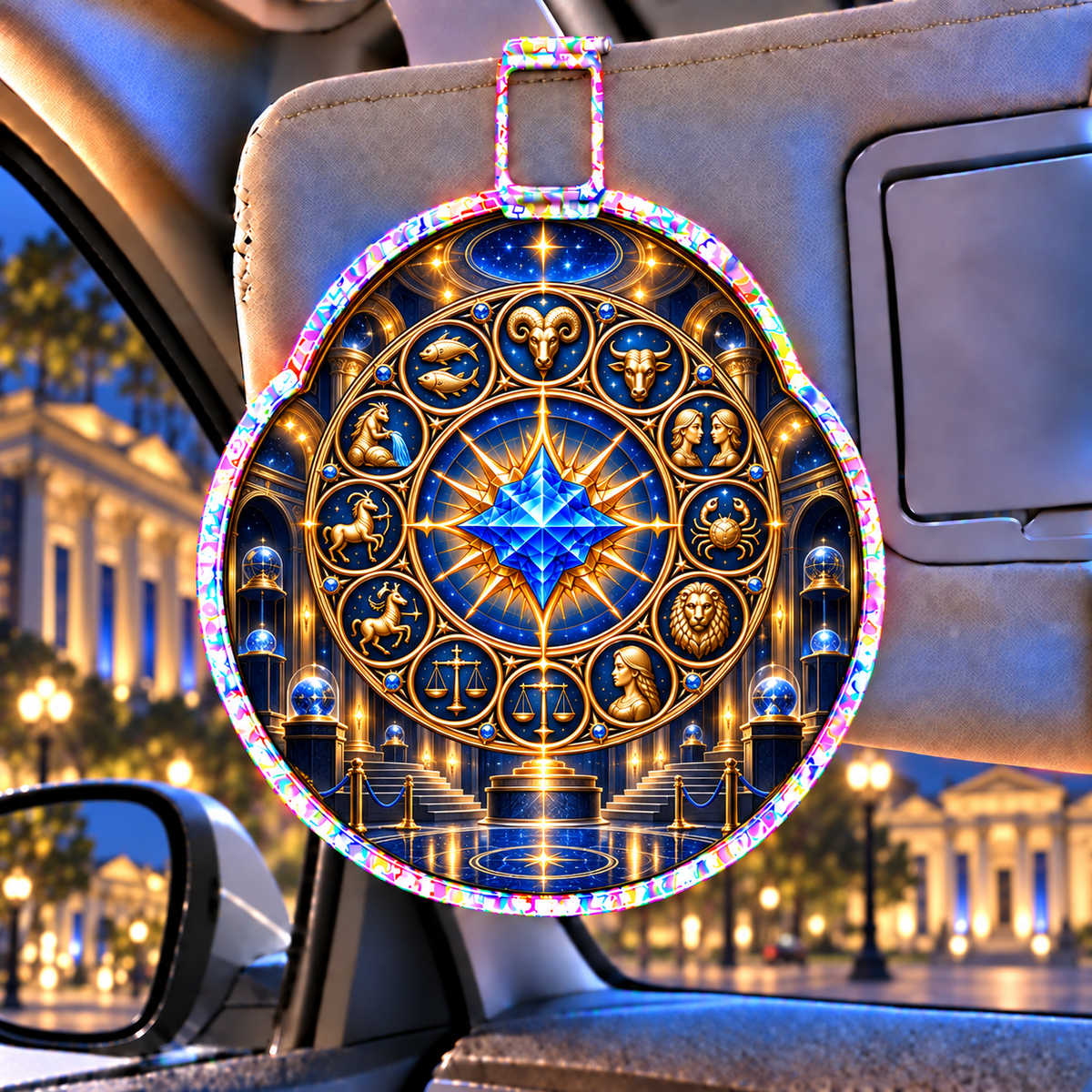 Zodiac Collector Crown Holographic Car Visor Clip with printed optical 3D artwork in its use setting