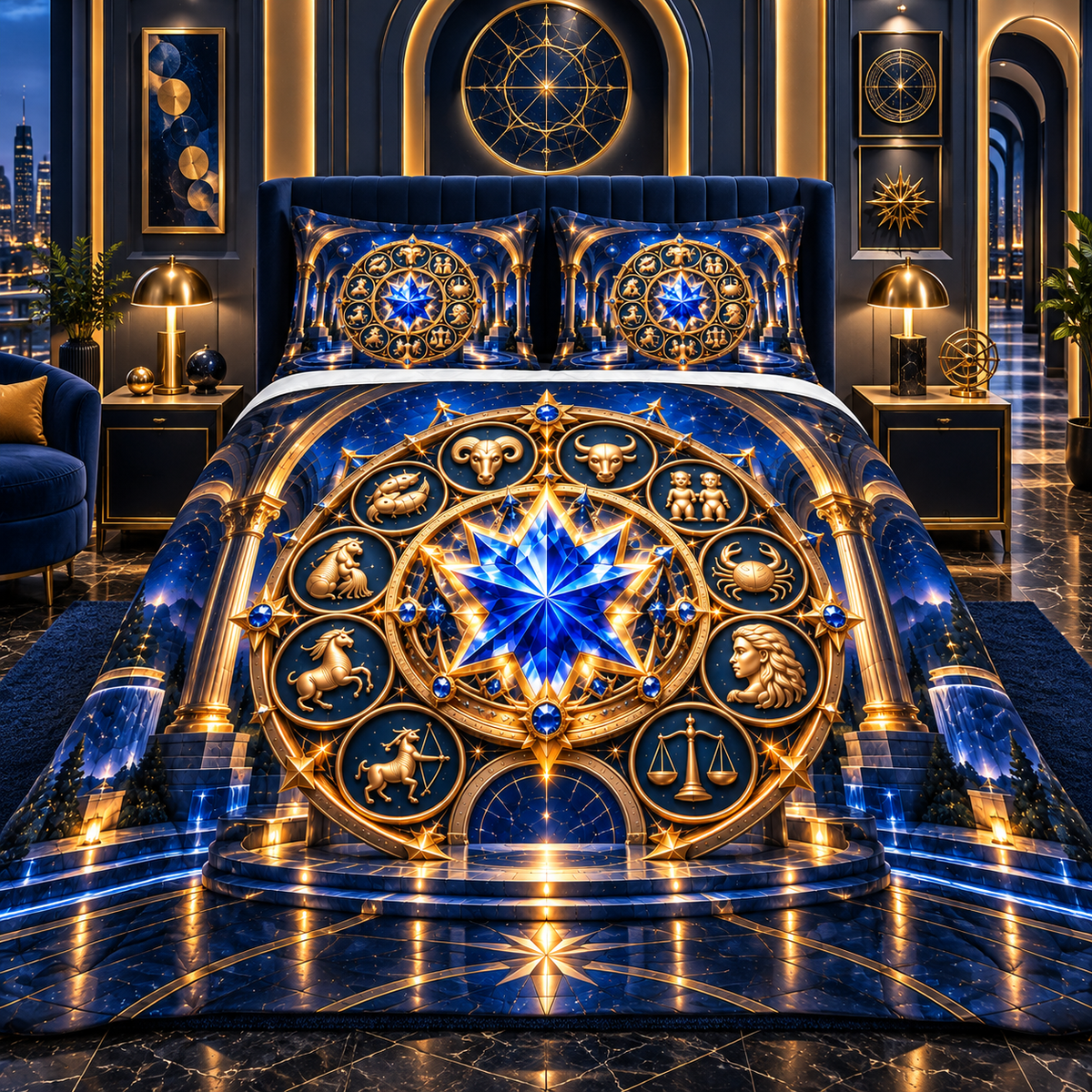 Modern Zodiac Gallery Quilted Bedding Set with printed optical 3D artwork in its use setting