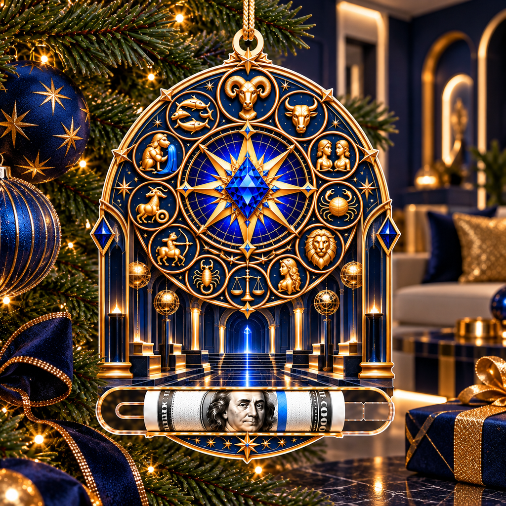 Modern Zodiac Gallery Acrylic Cash Holder Ornament with printed optical 3D artwork in its use setting
