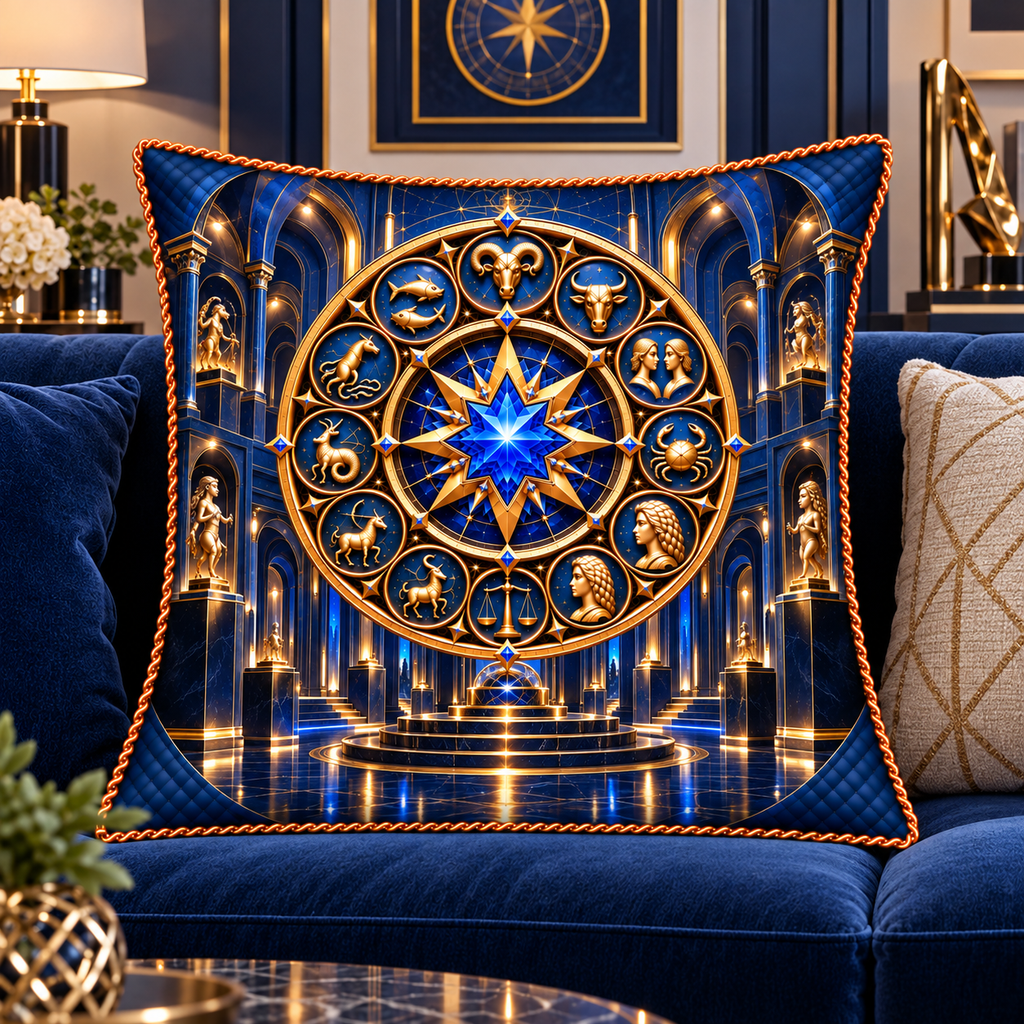 Modern Zodiac Gallery Quilted Cushion Cover with printed optical 3D artwork in its use setting