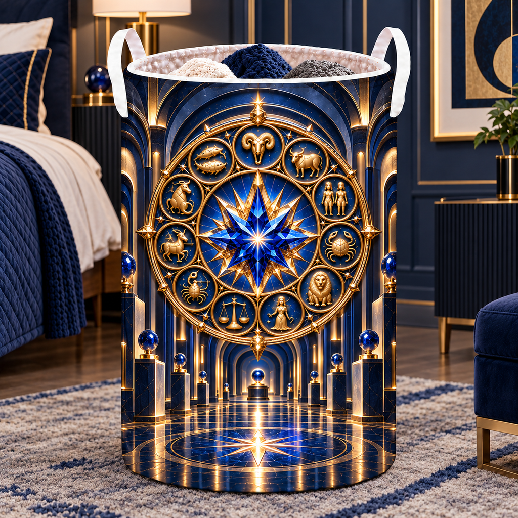 Modern Zodiac Gallery Laundry Hamper with printed optical 3D artwork in its use setting