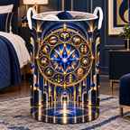 Modern Zodiac Gallery Laundry Hamper with printed optical 3D artwork in its use setting