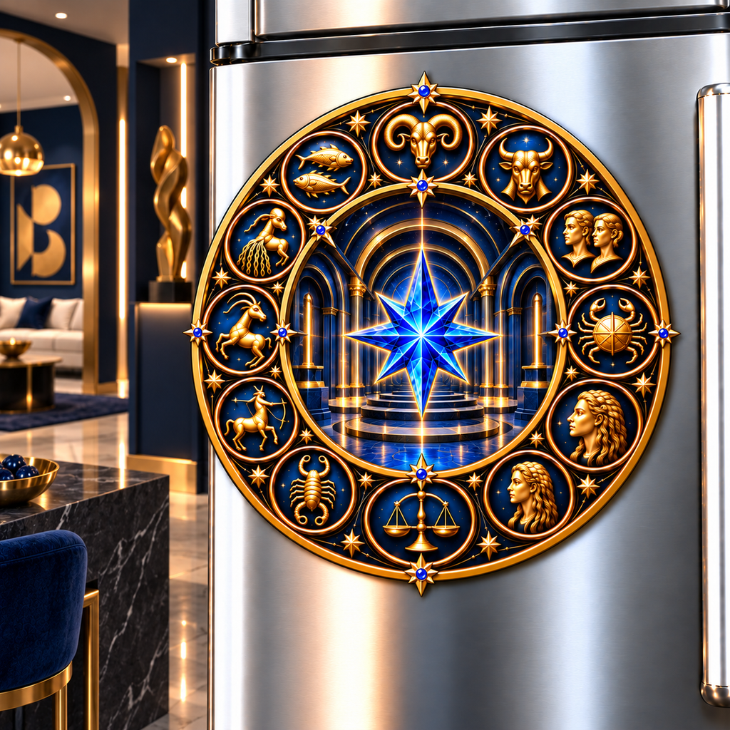 Modern Zodiac Gallery Acrylic Refrigerator Magnet with printed optical 3D artwork in its use setting