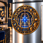 Modern Zodiac Gallery Acrylic Refrigerator Magnet with printed optical 3D artwork in its use setting