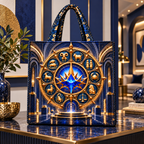Modern Zodiac Gallery Quilted Tote Bag with printed optical 3D artwork in its use setting