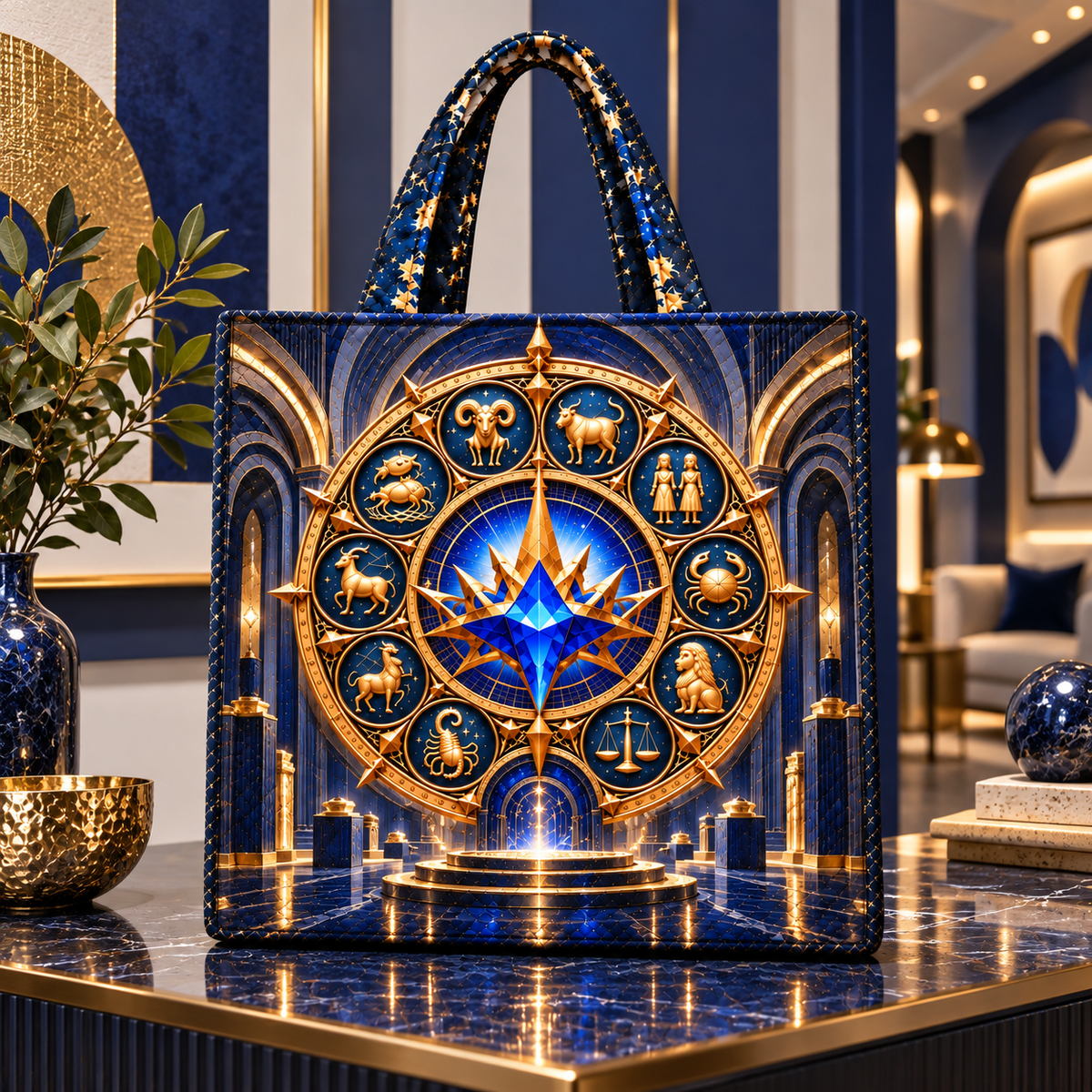 Modern Zodiac Gallery Quilted Tote Bag with printed optical 3D artwork in its use setting