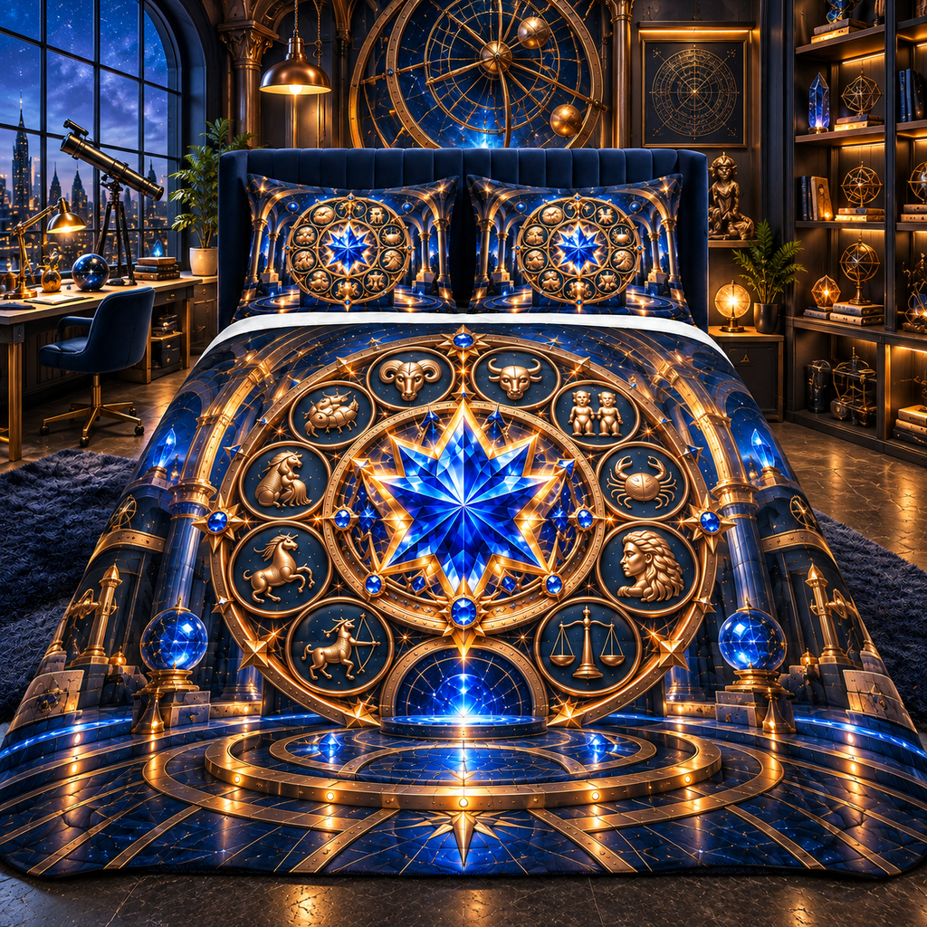Zodiac Maker Vault Quilted Bedding Set with printed optical 3D artwork in its use setting