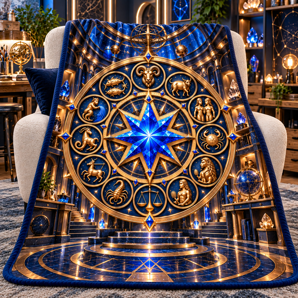 Zodiac Maker Vault Sherpa & Fleece Blanket with printed optical 3D artwork in its use setting