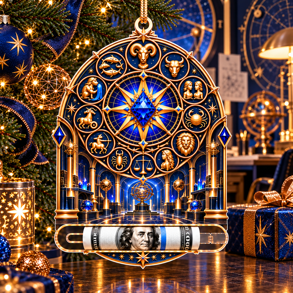 Zodiac Maker Vault Acrylic Cash Holder Ornament with printed optical 3D artwork in its use setting