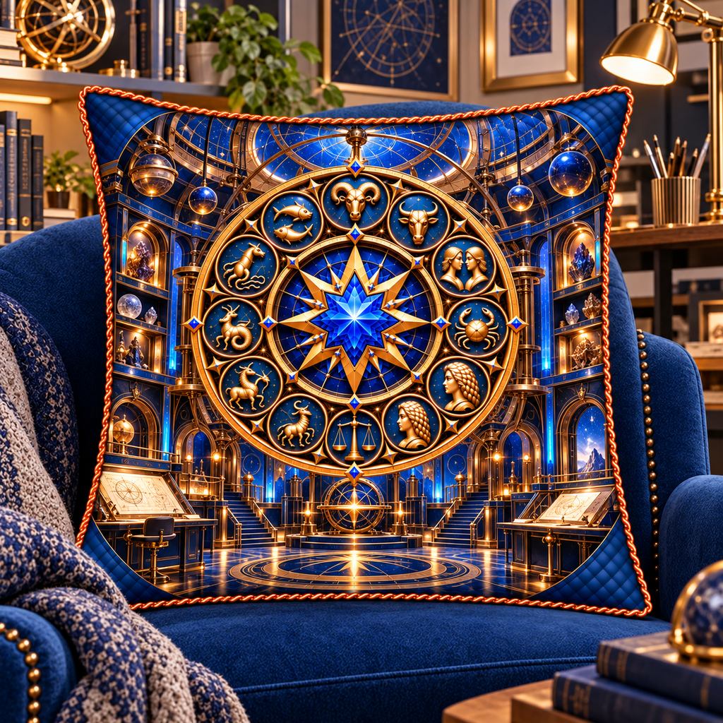 Zodiac Maker Vault Quilted Cushion Cover with printed optical 3D artwork in its use setting