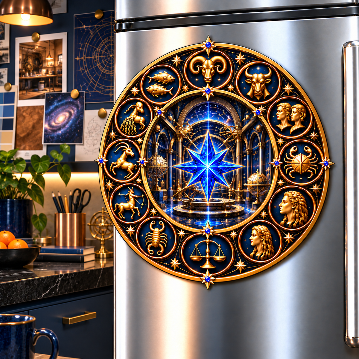 Zodiac Maker Vault Acrylic Refrigerator Magnet with printed optical 3D artwork in its use setting