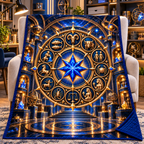 Zodiac Maker Vault Quilt Blanket with printed optical 3D artwork in its use setting
