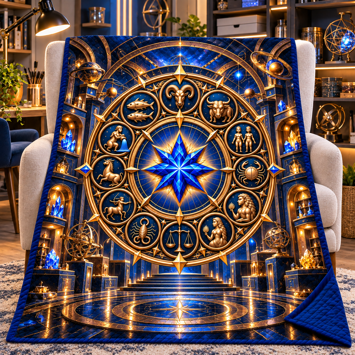 Zodiac Maker Vault Quilt Blanket with printed optical 3D artwork in its use setting