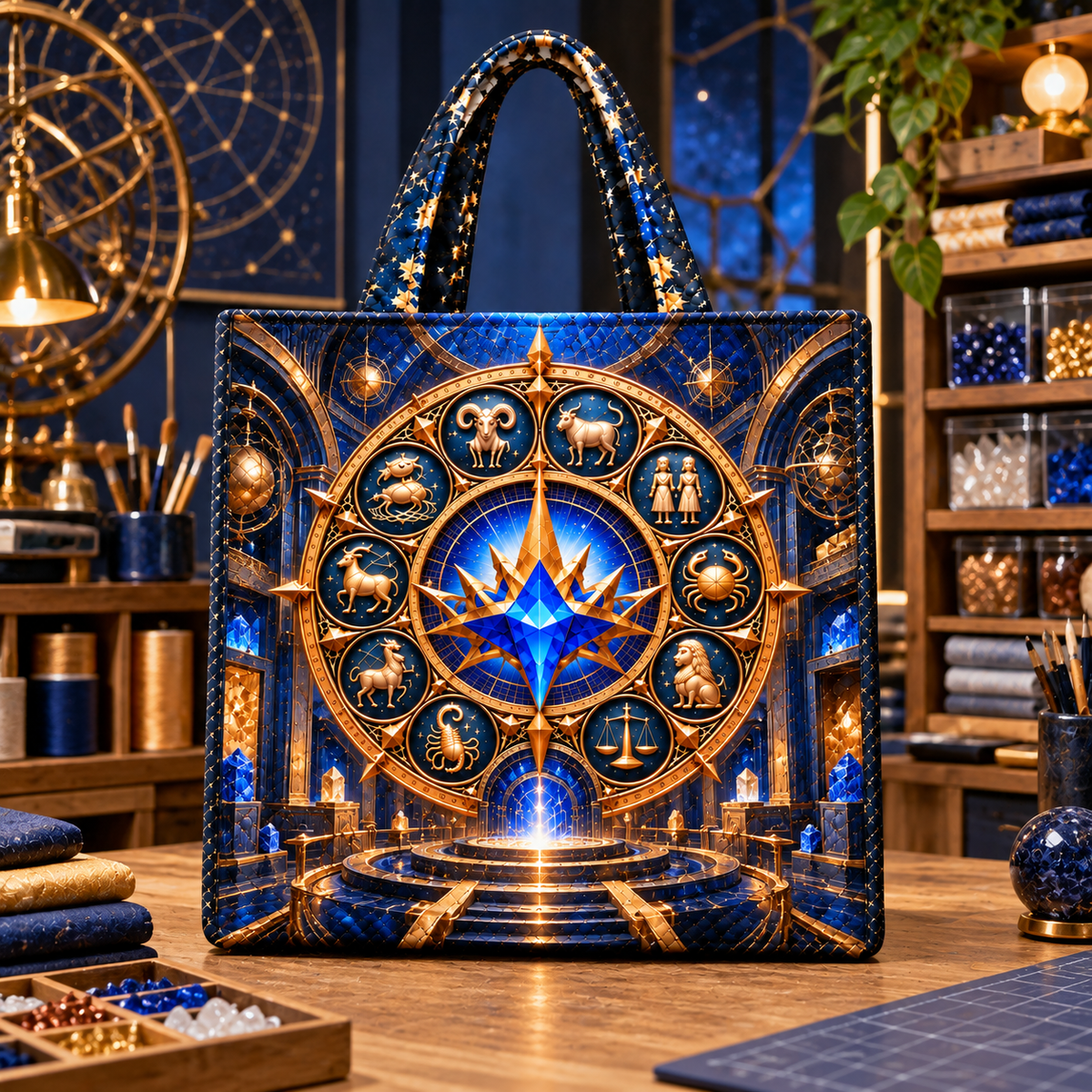 Zodiac Maker Vault Quilted Tote Bag with printed optical 3D artwork in its use setting