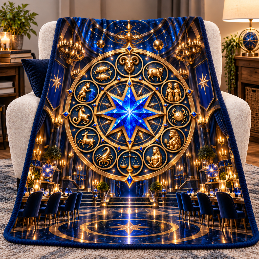 Zodiac Gathering Hall Sherpa & Fleece Blanket with printed optical 3D artwork in its use setting