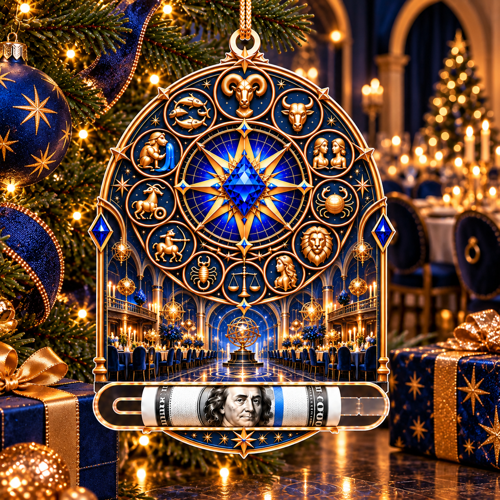 Zodiac Gathering Hall Acrylic Cash Holder Ornament with printed optical 3D artwork in its use setting