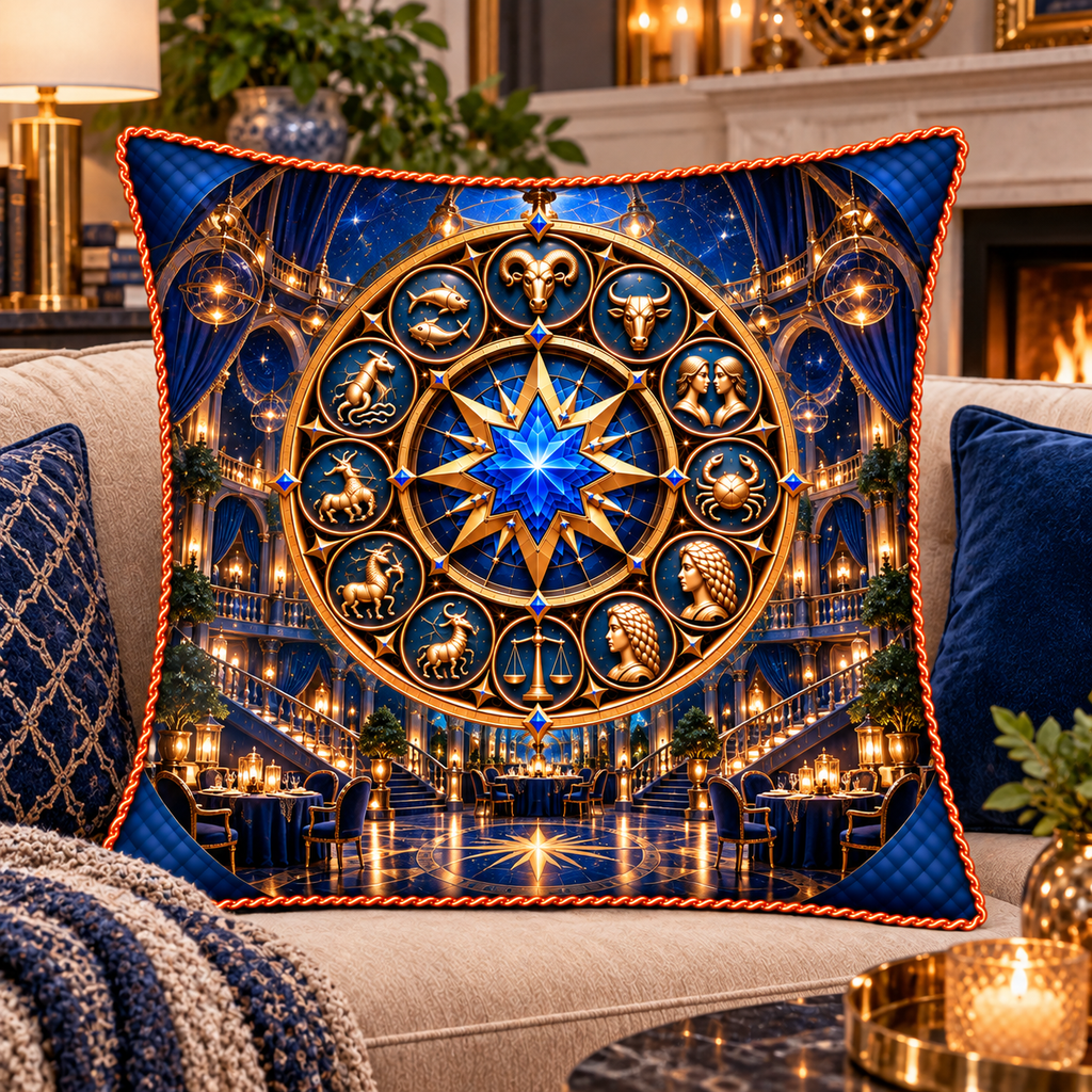 Zodiac Gathering Hall Quilted Cushion Cover with printed optical 3D artwork in its use setting