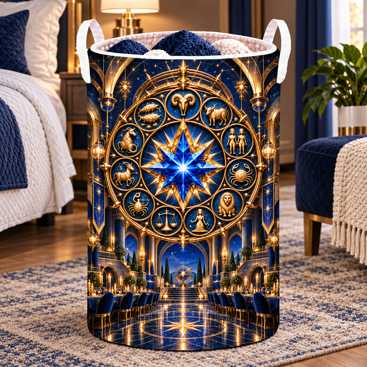 Zodiac Gathering Hall Laundry Hamper with printed optical 3D artwork in its use setting
