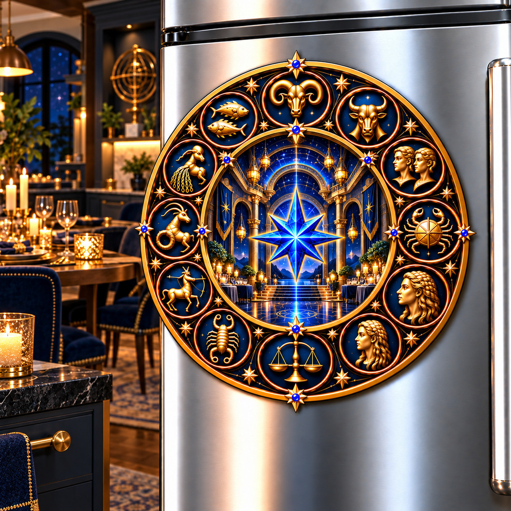 Zodiac Gathering Hall Acrylic Refrigerator Magnet with printed optical 3D artwork in its use setting