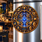Zodiac Gathering Hall Acrylic Refrigerator Magnet with printed optical 3D artwork in its use setting