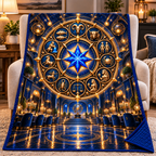 Zodiac Gathering Hall Quilt Blanket with printed optical 3D artwork in its use setting