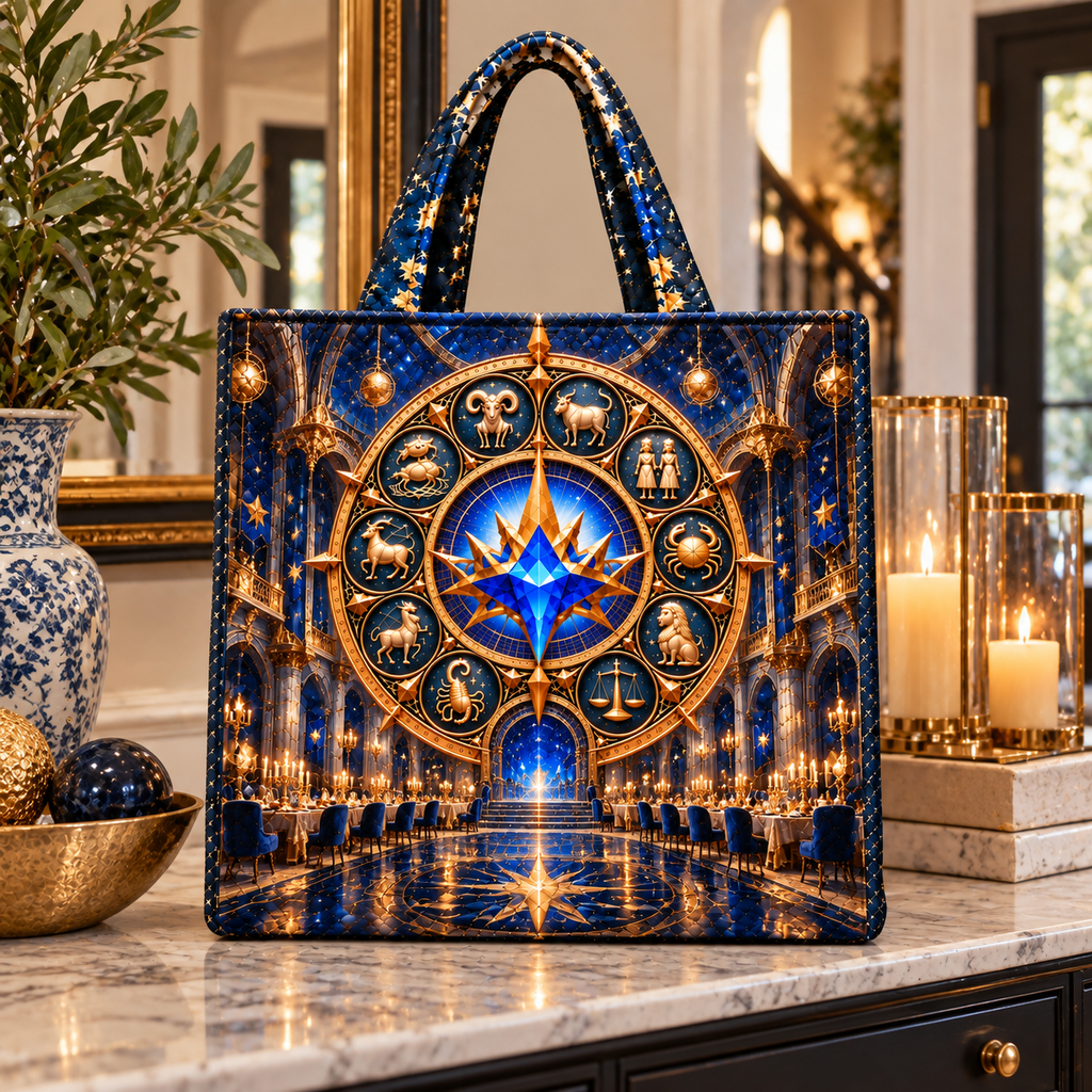 Zodiac Gathering Hall Quilted Tote Bag with printed optical 3D artwork in its use setting