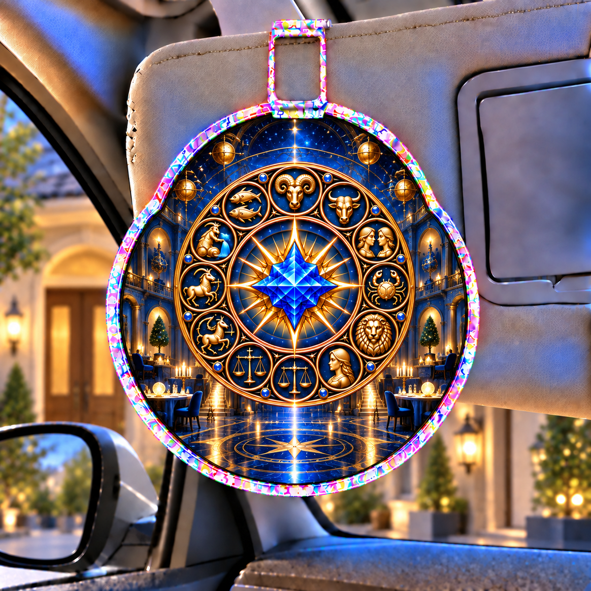 Zodiac Gathering Hall Holographic Car Visor Clip with printed optical 3D artwork in its use setting