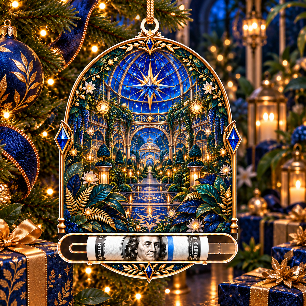 Celestial Conservatory Acrylic Cash Holder Ornament with printed optical 3D artwork in its use setting