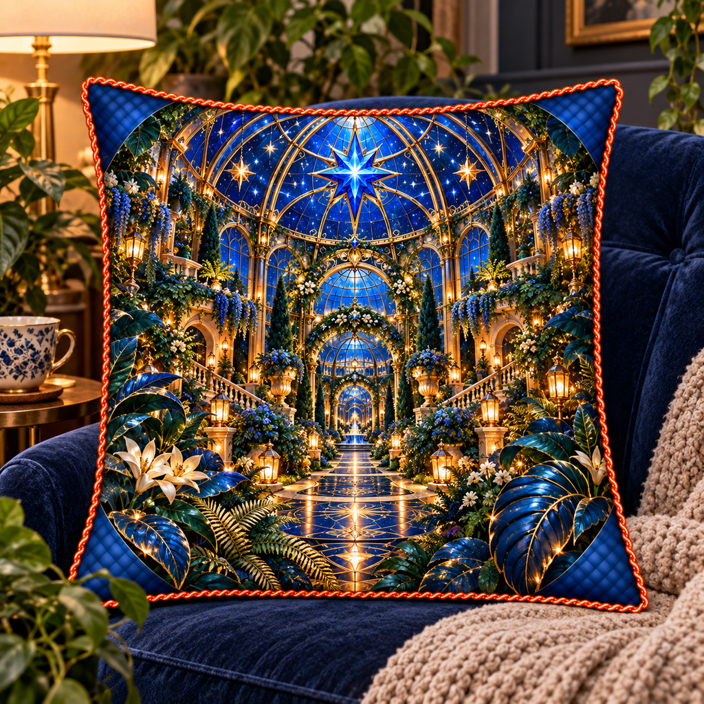 Celestial Conservatory Quilted Cushion Cover with printed optical 3D artwork in its use setting