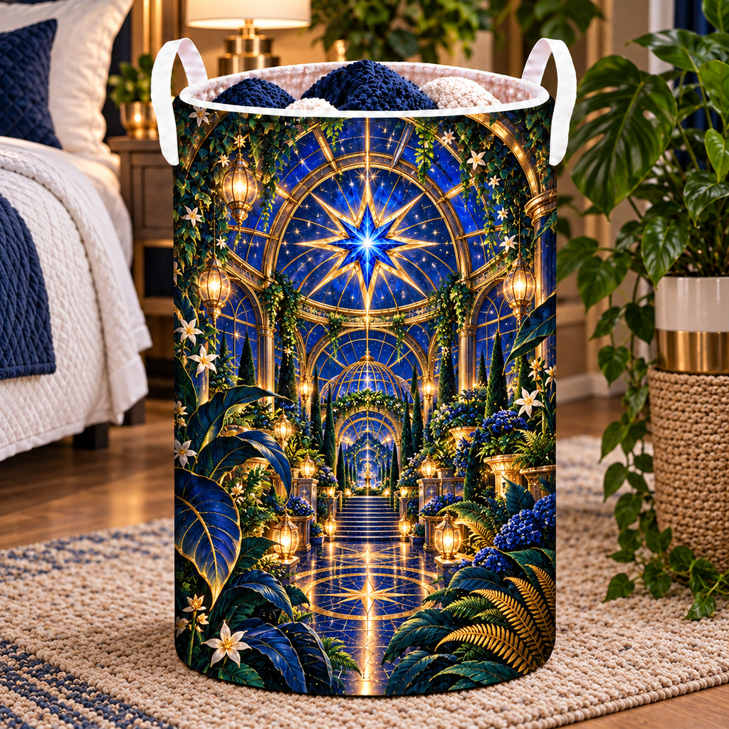 Celestial Conservatory Laundry Hamper with printed optical 3D artwork in its use setting
