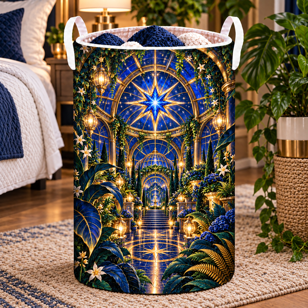 Celestial Conservatory Laundry Hamper with printed optical 3D artwork in its use setting