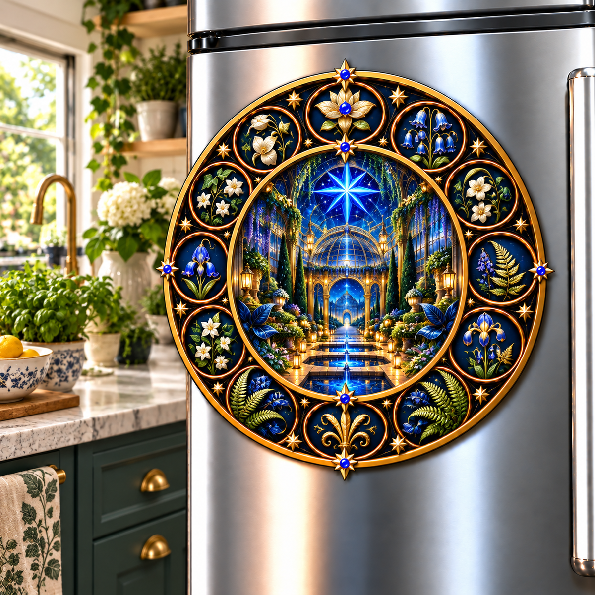 Celestial Conservatory Acrylic Refrigerator Magnet with printed optical 3D artwork in its use setting
