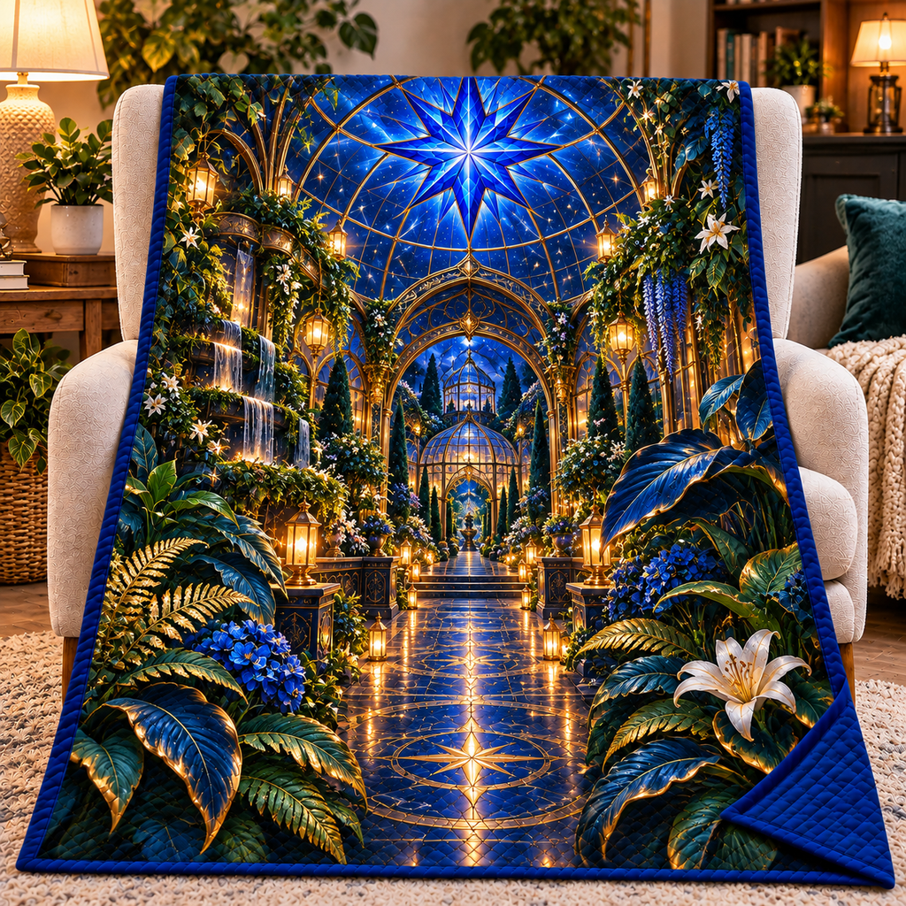 Celestial Conservatory Quilt Blanket with printed optical 3D artwork in its use setting