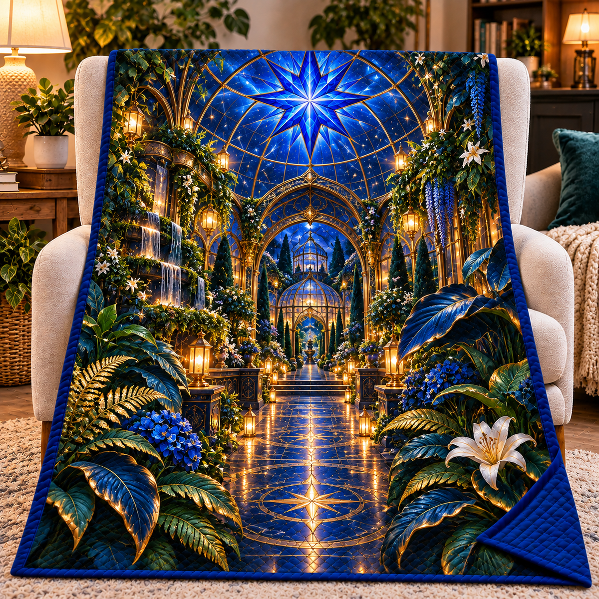 Celestial Conservatory Quilt Blanket with printed optical 3D artwork in its use setting
