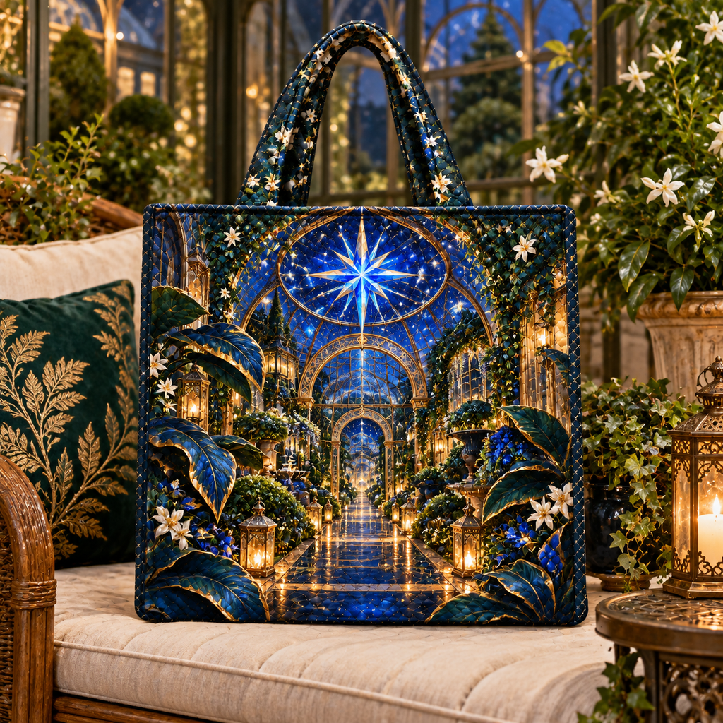 Celestial Conservatory Quilted Tote Bag with printed optical 3D artwork in its use setting
