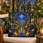 Celestial Conservatory Quilted Tote Bag with printed optical 3D artwork in its use setting