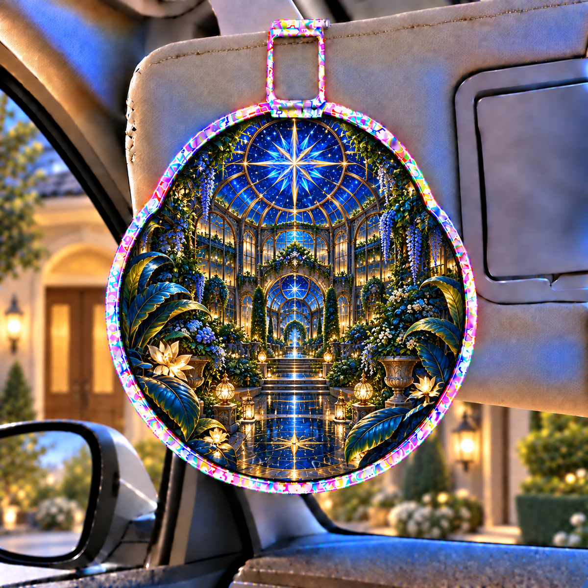 Celestial Conservatory Holographic Car Visor Clip with printed optical 3D artwork in its use setting