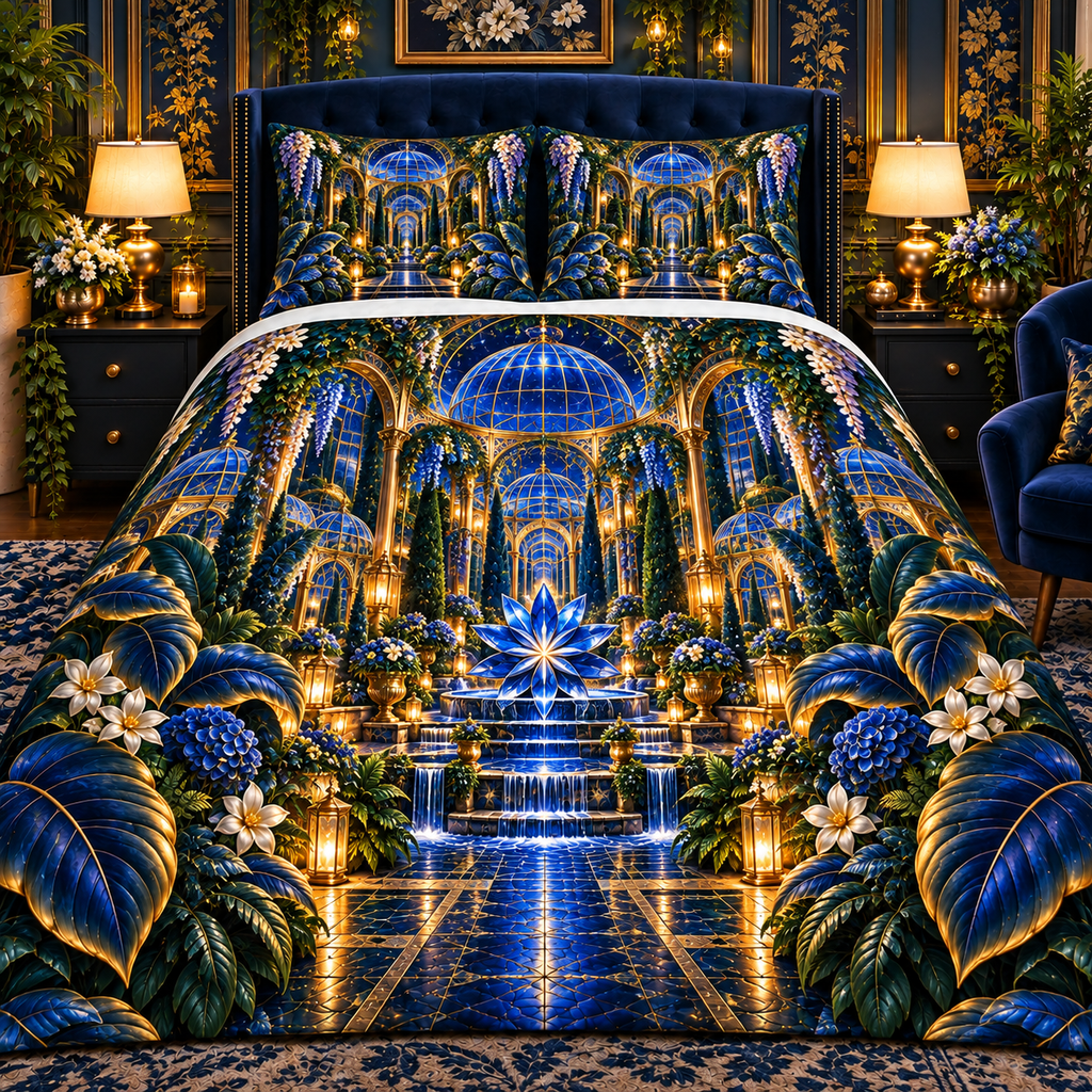 Midnight Garden Palace Quilted Bedding Set with printed optical 3D artwork in its use setting