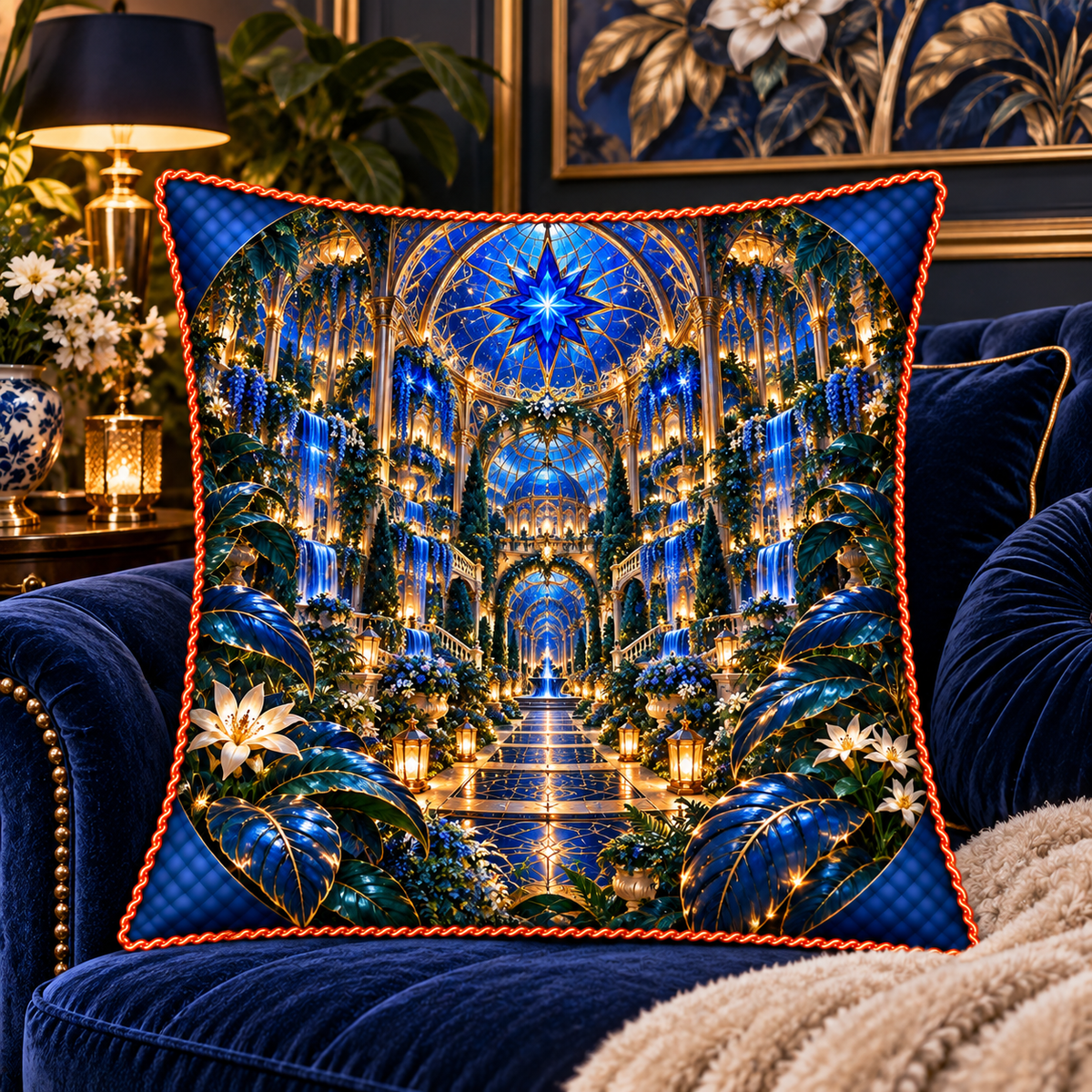Midnight Garden Palace Quilted Cushion Cover with printed optical 3D artwork in its use setting