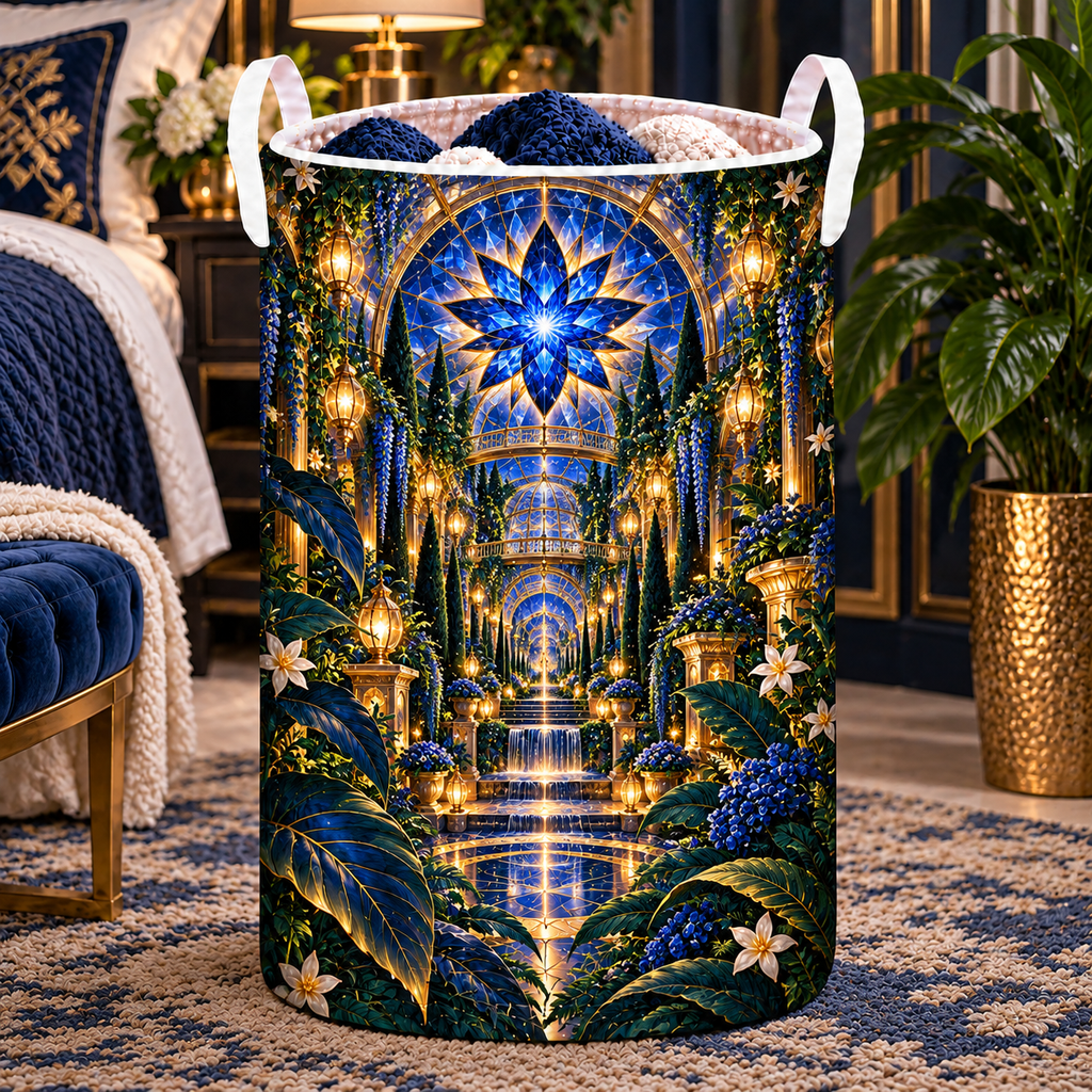 Midnight Garden Palace Laundry Hamper with printed optical 3D artwork in its use setting