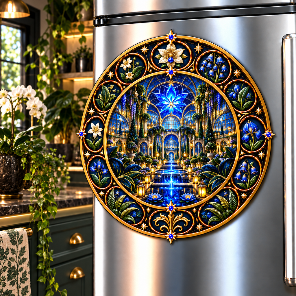 Midnight Garden Palace Acrylic Refrigerator Magnet with printed optical 3D artwork in its use setting